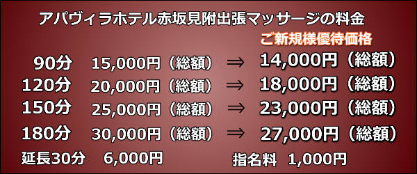 アパヴィラホテル赤坂見附出張マッサージの料金